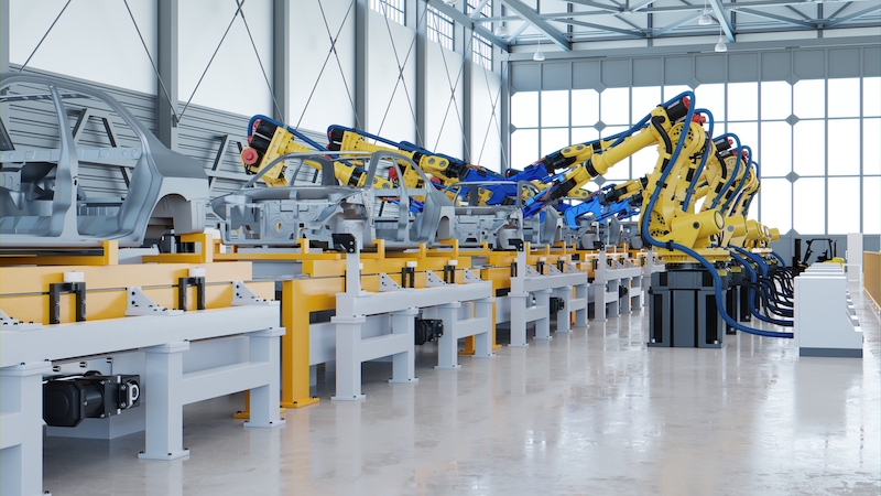 Robotic automotive assembly in factory.3D Rendering