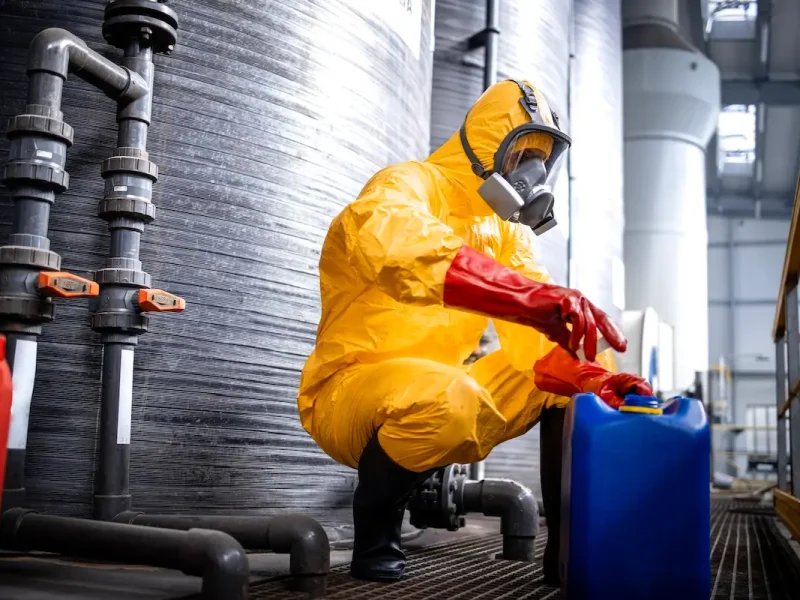 Employee working with chemicals and acid inside factory.